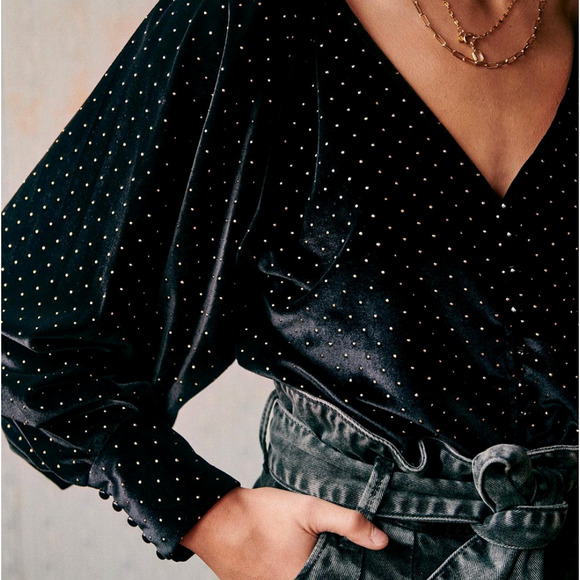 Sezane Tops - Sezane 12 Erica $228 Black Velvet Top Gold Studded Polka Dots Blouse Stretch 42